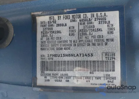 1992 Ford Bronco U100 z USA, uszkodzony, nr VIN 1FMEU15N8NLA71453